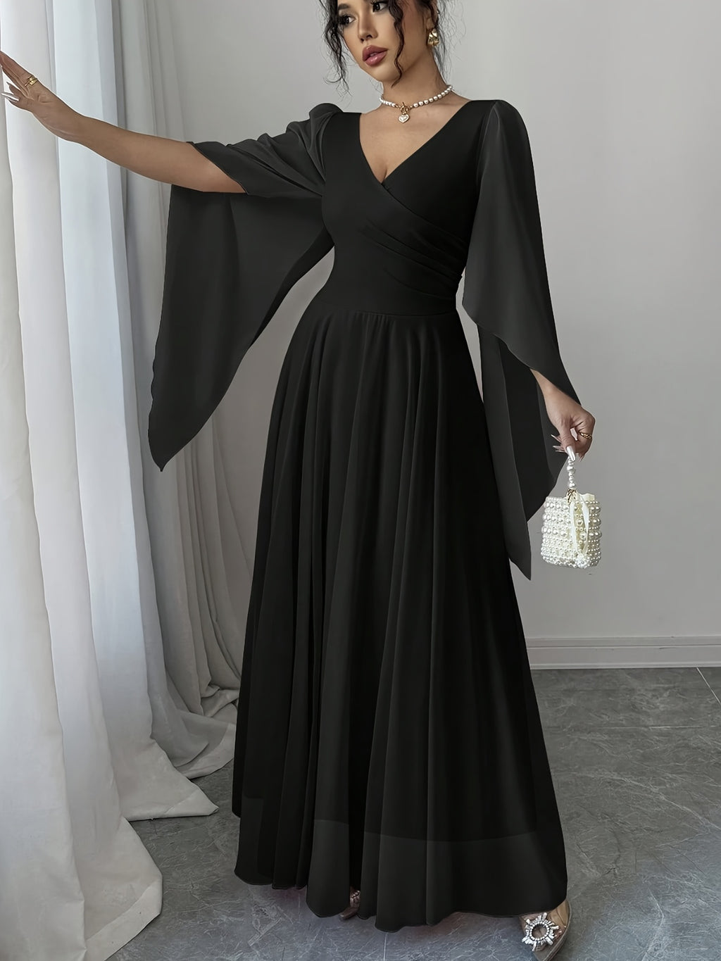 P261 New Design Waist-Cinching V-Neck Elegant High-End Dress, Suitable for Parties, Dinner Parties, Engagement Banquets, Annual Meeting Hosting, Party Gowns, and Best Friend Gatherings - Black