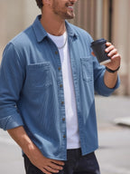 [Spring And Autumn Men'S Retro Corduroy Jacket ] Men'S Blue Corduroy Shirt, Retro Casual Long Sleeve Single, Loose Collar Button Top, Pocket Versatile Autumn Jacket, Halloween And Christmas Gift for Boyfriend And Father - Blue