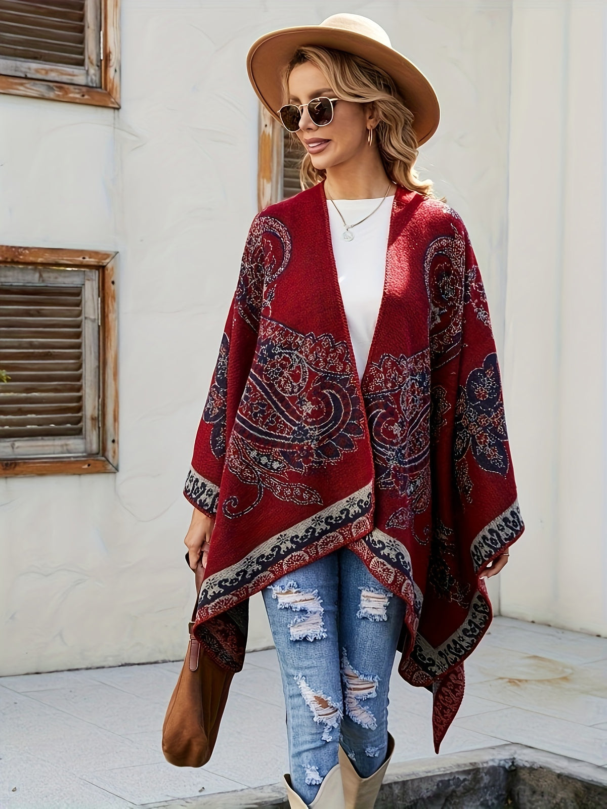 Plus Size - Plus Size - Women'S Oversized Front-Open Thick Shawl Cardigan, Casual Poncho Sweater That Can Be Worn As a Blanket, Suitable for Autumn, Winter, And Nighttime - Red