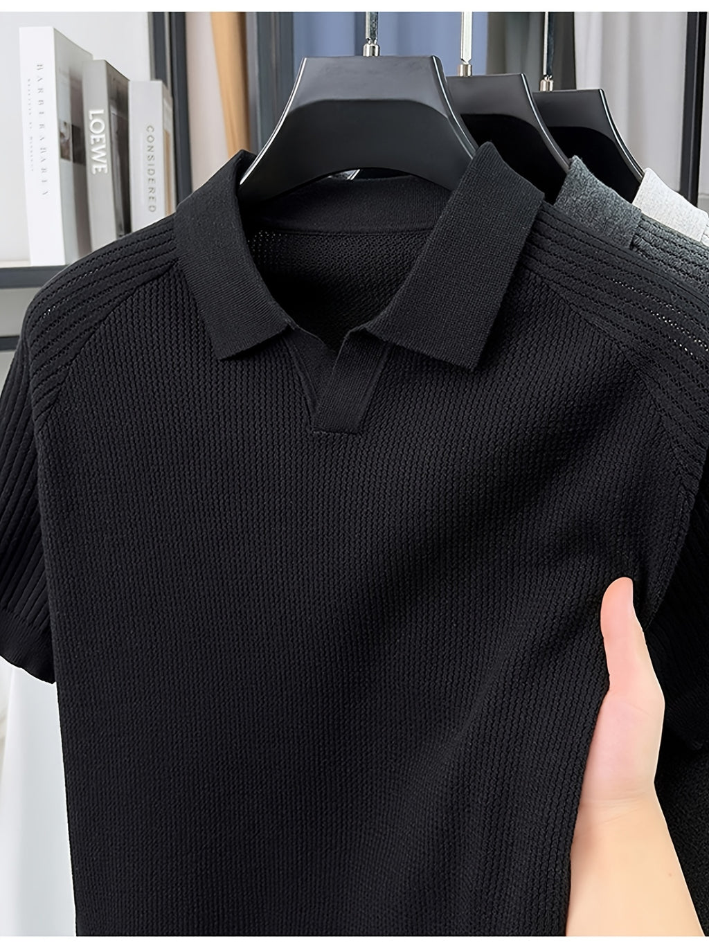 SaXing OBM Men's New Summer Style Polo Shirt, Old Money Style Textured Solid Color Ribbed Half-Placket Thin Breathable V-Neck Short Sleeve T-Shirt, Men's Fashionable Versatile Pullover Base Layer Top, Suitable for Summer Wear, Compatible with Daily - Black