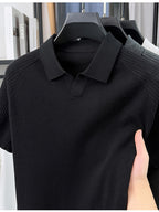 SaXing OBM Men's New Summer Style Polo Shirt, Old Money Style Textured Solid Color Ribbed Half-Placket Thin Breathable V-Neck Short Sleeve T-Shirt, Men's Fashionable Versatile Pullover Base Layer Top, Suitable for Summer Wear, Compatible with Daily - Black