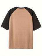 Women'S Color-Blocking Raglan Sleeve 32 Letter Print Pullover Short-Sleeved T-Shirt Summer Design Sense Fashionable Foreign Style Loose Top - Khaki