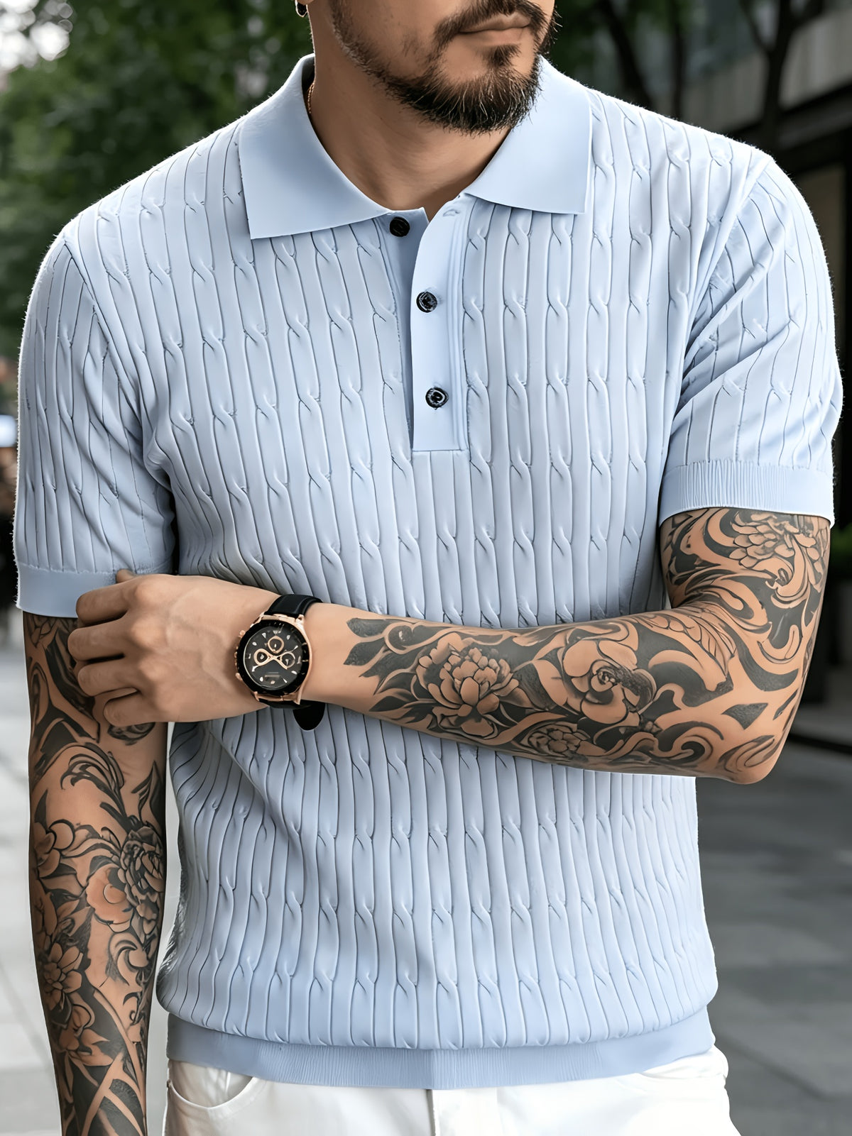 American-style Mature Middle-aged Men's Vertical Rib-knit Polo Shirt, Summer Lightweight Solid Color Lapel Short Sleeve, Urban Outdoor Street Style Loose-fit Textured Business Casual Top - Tianqinglan
