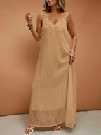 Women'S Elegant Vacation V-Neck Lace Trim Solid Color French Style Dress, Wedding Guest Dress - Khaki