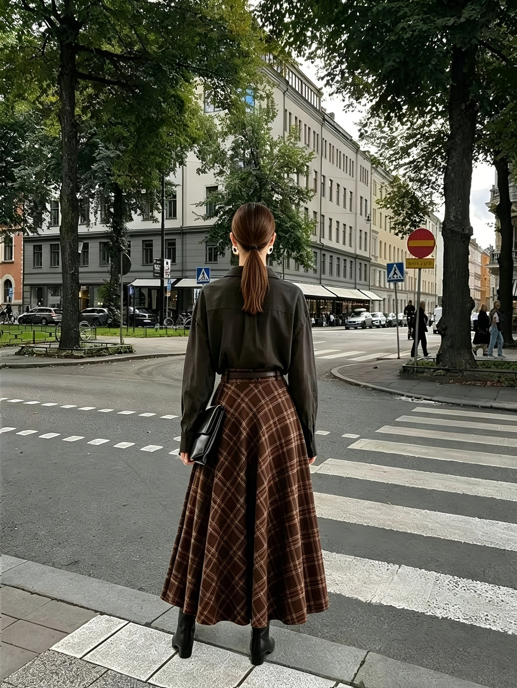 Women'S High-Waist Plaid Skirt, Elegant Fall Winter Outfit, A-Line Silhouette, Effect, Commute Date Casual Vacation Long Dress - Coffee Color