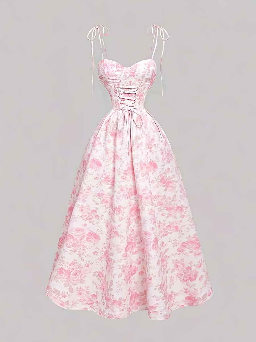 French Floral Suspender Elegant Small Fresh Long Dress - Pink