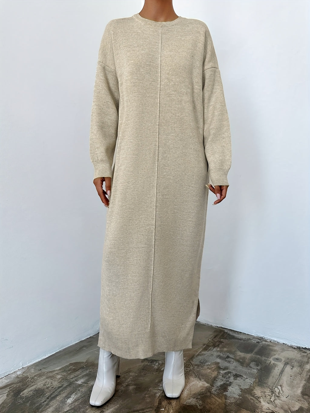 Fabric Dress with Small Round Neck, Long Sleeves, Elegant Loose Straight Cut, Long Length, No Belt (In Stock) - Beige