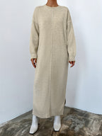 Fabric Dress with Small Round Neck, Long Sleeves, Elegant Loose Straight Cut, Long Length, No Belt (In Stock) - Beige