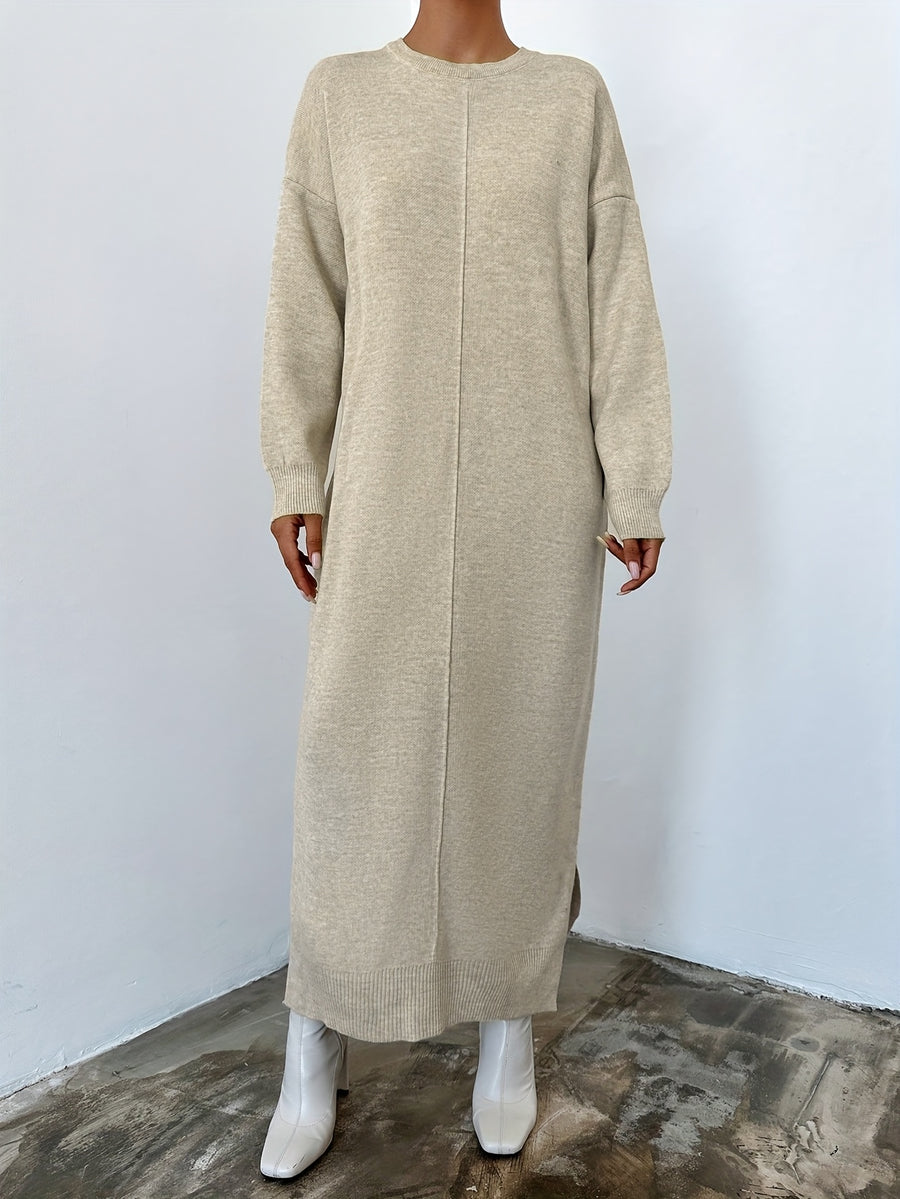 Fabric Dress with Small Round Neck, Long Sleeves, Elegant Loose Straight Cut, Long Length, No Belt (In Stock) - Beige