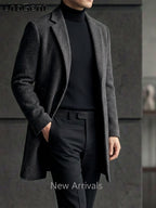 25% Wool Autumn/Winter Men's Suit Lapel Mid-Length Tweed Overcoat, Snowflake Texture Wool Blend Single-Breasted Jacket, Slim Fit Structured Minimalist Solid Color, Versatile Outerwear for Business Commuting and Daily Wear - Dark Gray