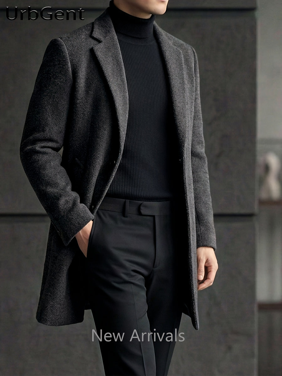 25% Wool Autumn/Winter Men's Suit Lapel Mid-Length Tweed Overcoat, Snowflake Texture Wool Blend Single-Breasted Jacket, Slim Fit Structured Minimalist Solid Color, Versatile Outerwear for Business Commuting and Daily Wear - Dark Gray