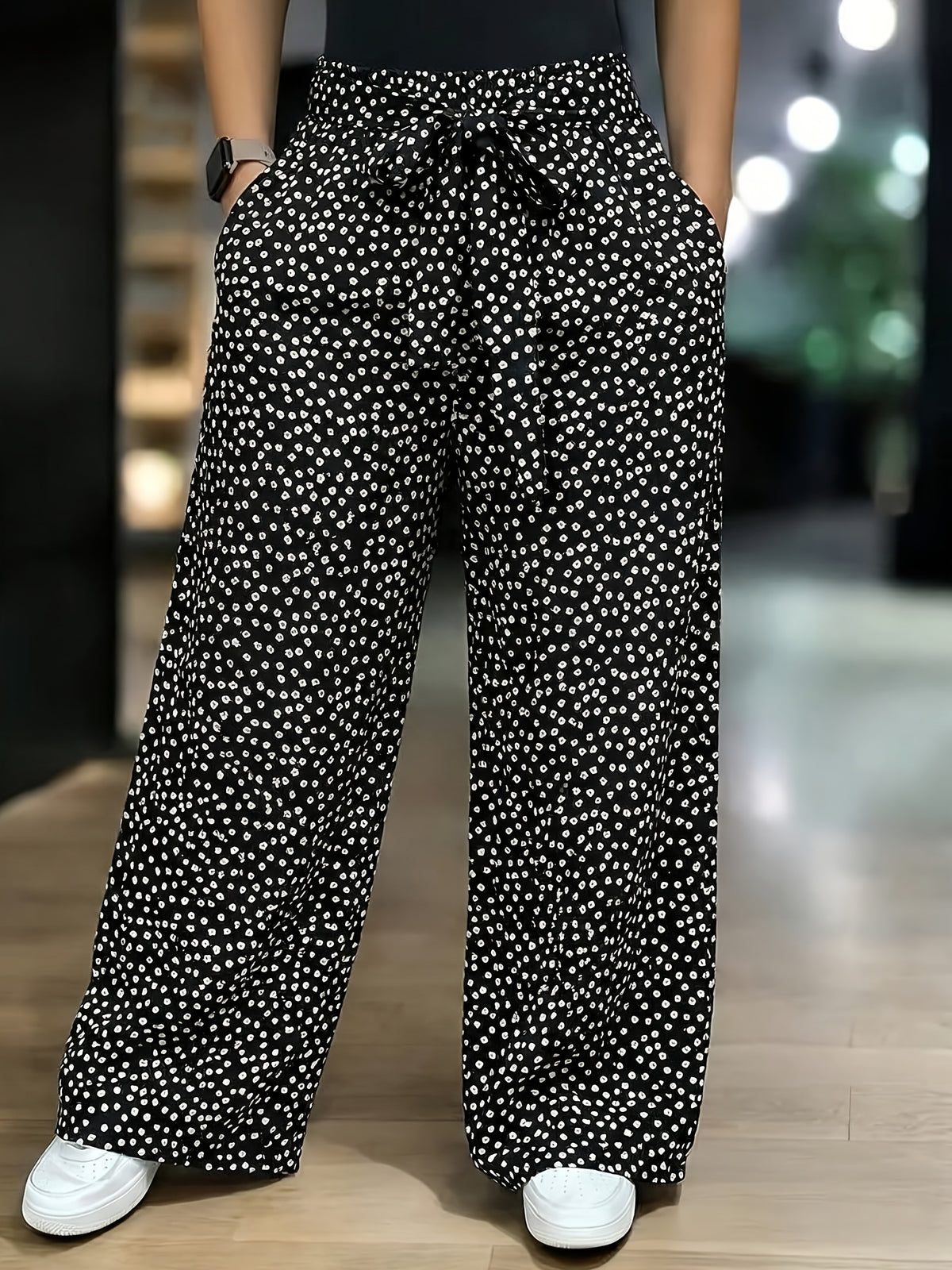 Floral Print Drawstring Wide-leg Casual Pants - Black