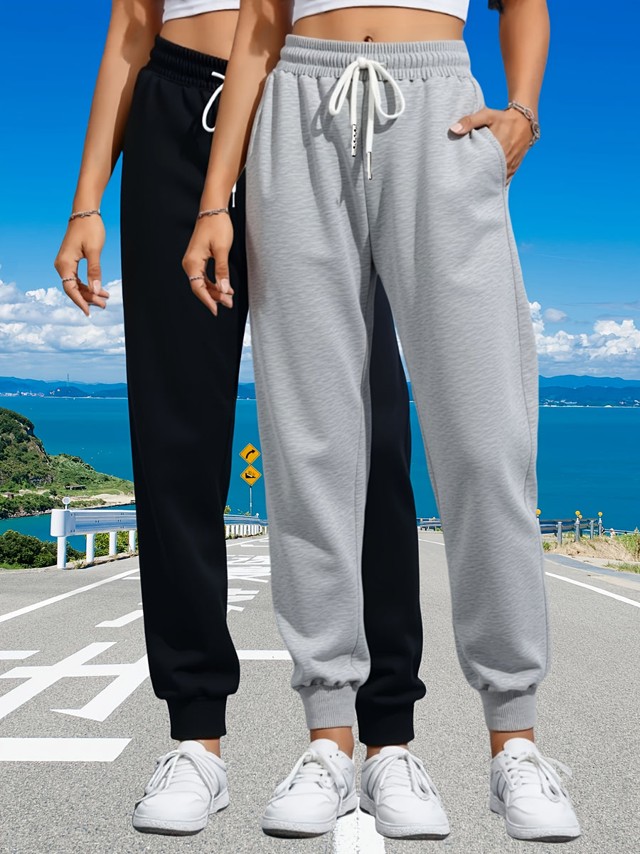 Women's 2pcs Casual Joggers with Drawstring Waist - Comfortable, Loose Fit Sweatpants with Pockets, Solid Color, Ladies Jogging Suits - Light Grey+Black