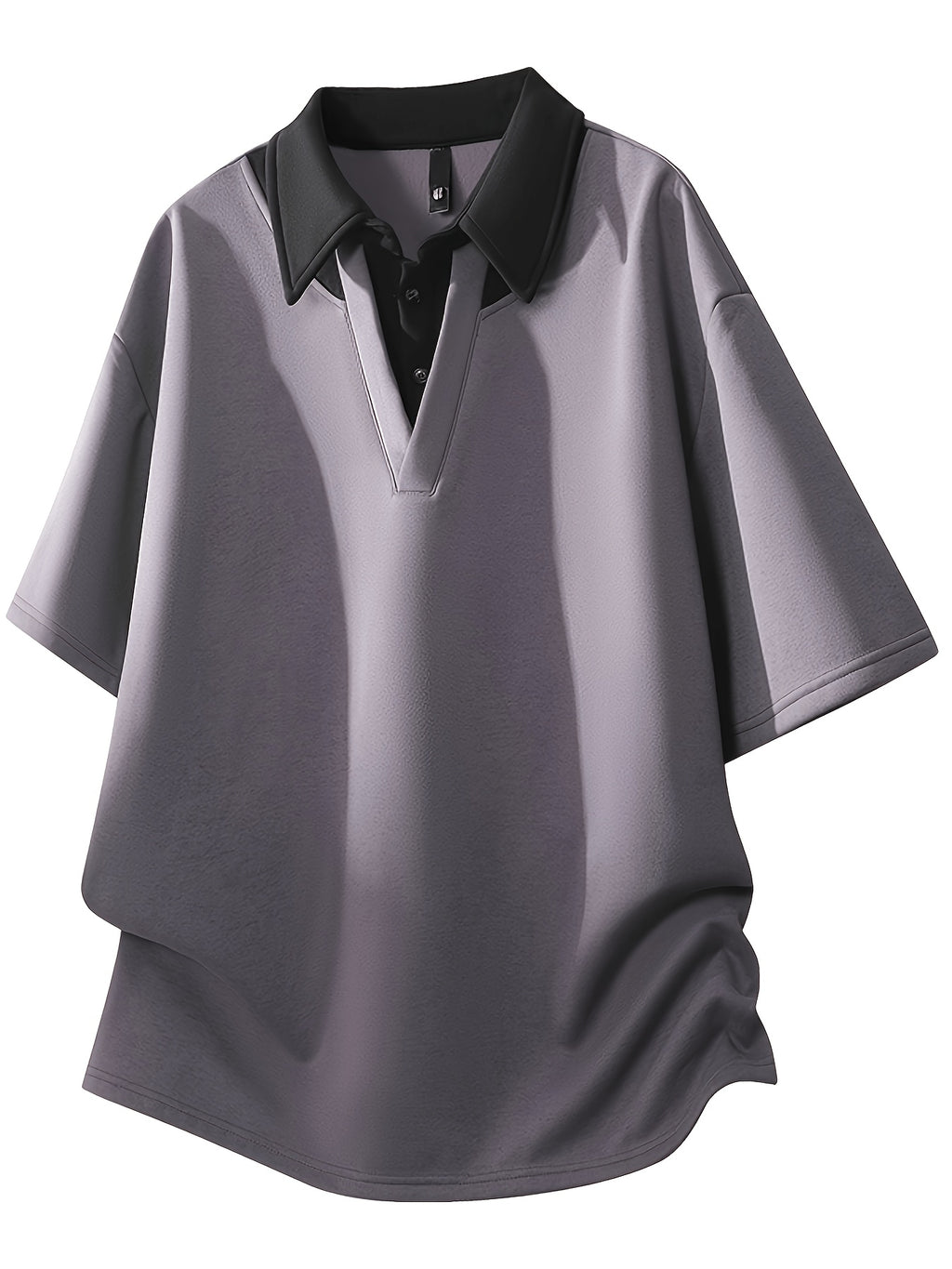 Men's Summer Lapel Collar Built-in 2-in-1 Look V-Polo, Unisex Drop Shoulder Loose Fit Curved Hem Draped Short Sleeve T-Shirt - Light Purple