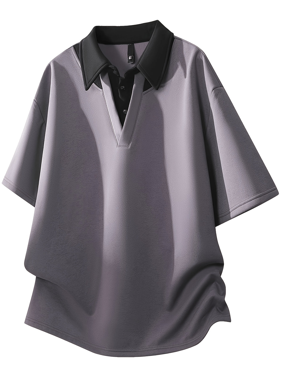 Men's Summer Lapel Collar Built-in 2-in-1 Look V-Polo, Unisex Drop Shoulder Loose Fit Curved Hem Draped Short Sleeve T-Shirt - Light Purple