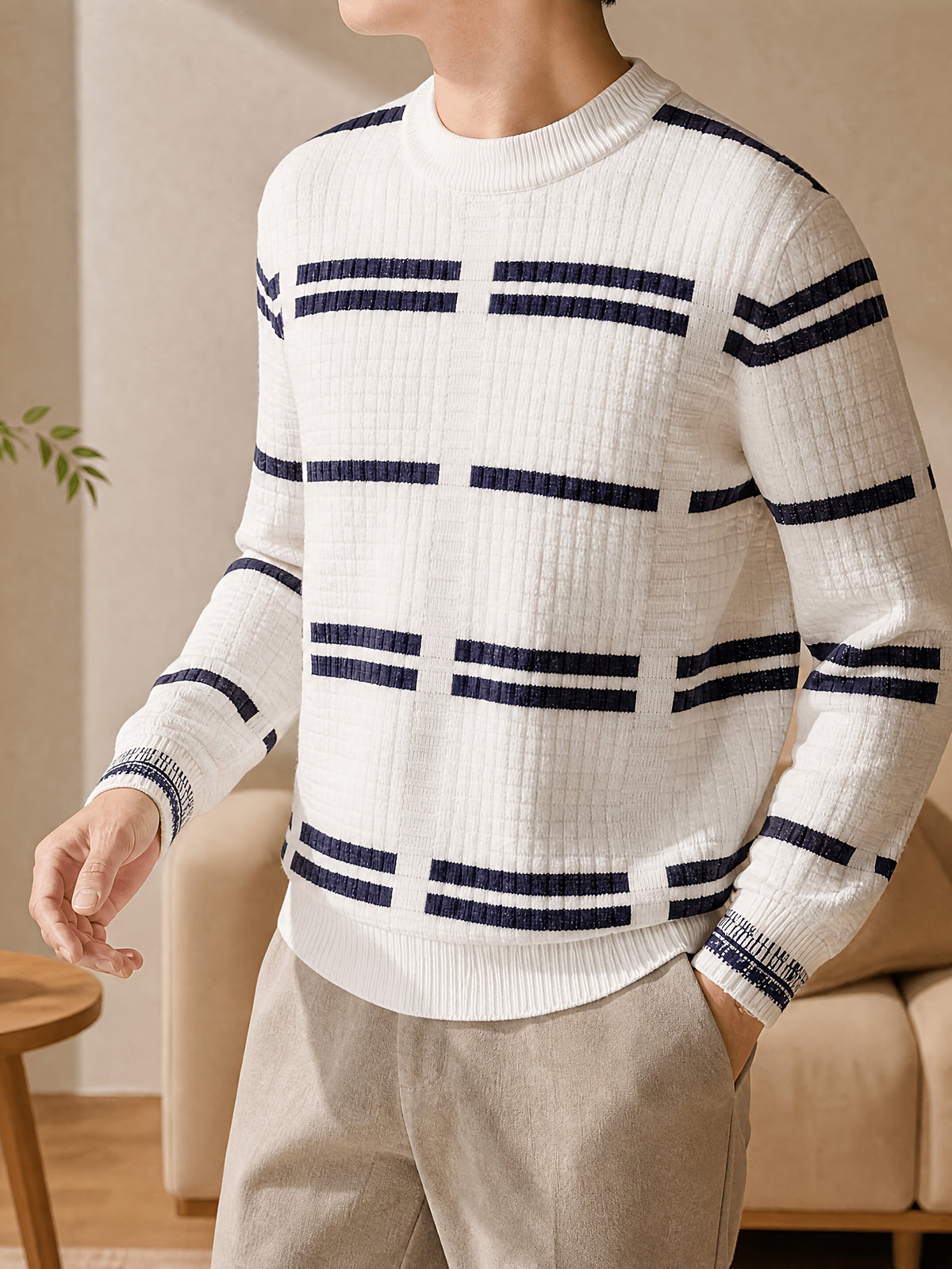 1pc Du Jing Lan OBM Men's Knit Sweater - Old Money Style Contrast Color Striped Crew Neck Sweater, Business Casual Striped Pullover Suitable for Layering, Golf, Basketball, Outdoor & Daily Wear, Belt-Free Warm Sweater for Spring/Autumn/Winter - White