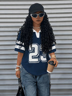 1pc Summer College Style Lapel Short Sleeve T-Shirt Women, Trendy Retro Number 23 Print Contrast Color Patchwork Design Casual Top, Streetwear Essential - Deep Blue