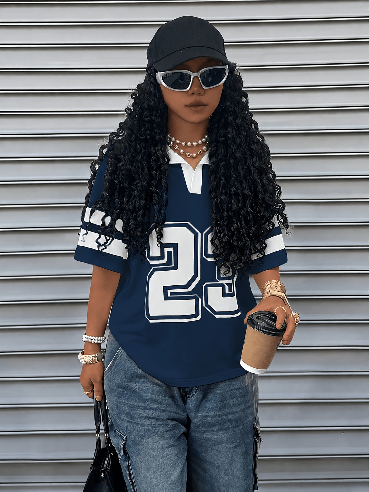 1pc Summer College Style Lapel Short Sleeve T-Shirt Women, Trendy Retro Number 23 Print Contrast Color Patchwork Design Casual Top, Streetwear Essential - Deep Blue