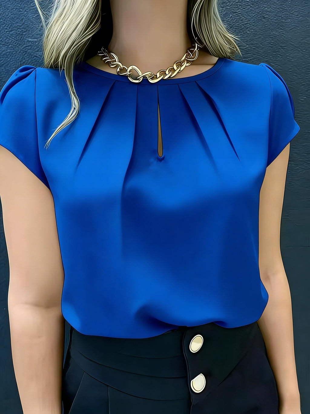 Elegant Fashion Solid Color Round Neck Top for Women - Blue