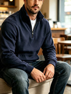 Josh Mei'S Selection of Henley Collar Shirts, Autumn And Winter Sweatshirts, Loose Casual Zip-Up Pullover Solid Color Stand Collar Fleece-Lined Solid Color Men'S Shirts - Navy Color
