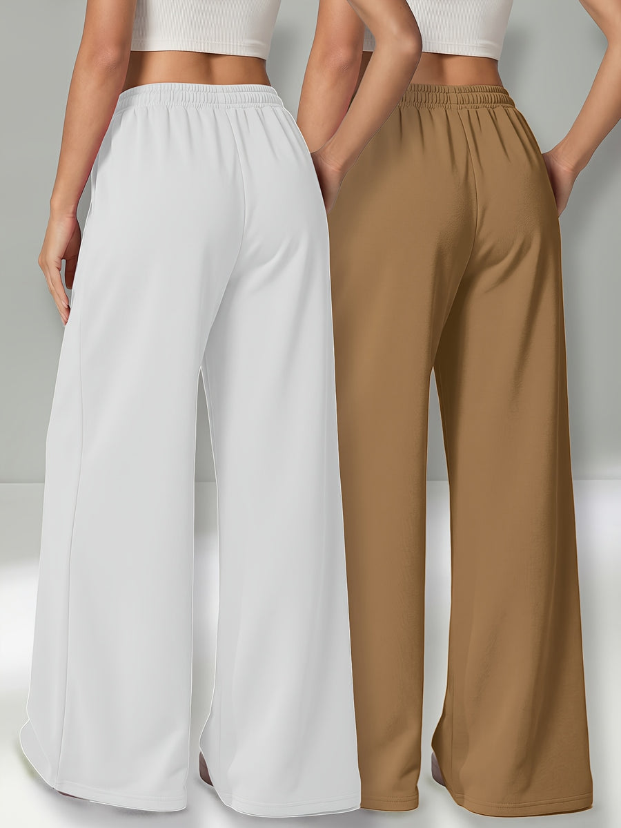 Autumn and Winter High-Waisted Casual Versatile Pants, Elastic Waist Loose Wide-Leg Pants 2pcs Set - White+Brown