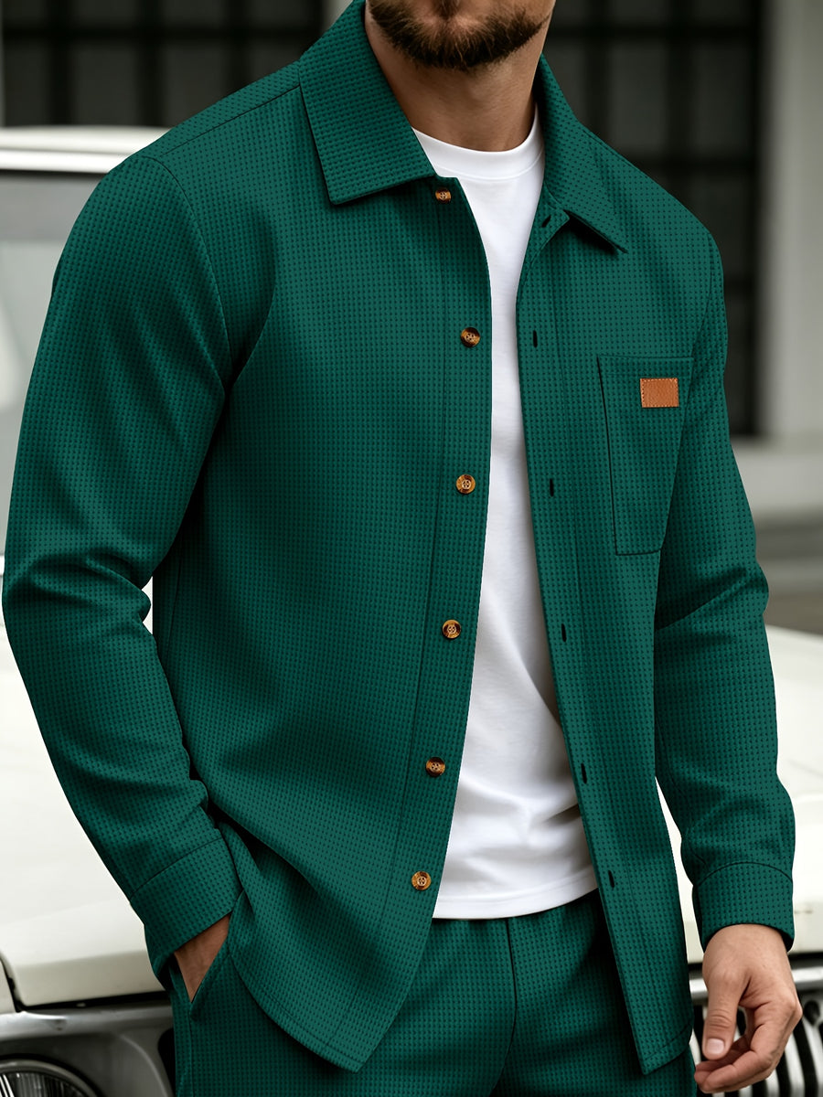 Men'S Waffle Knit Button-Up Shirt for Autumn/Winter, Lapel Pocket Long Sleeve Shirt Jacket, Casual Streetwear Loose Lightweight Casual Shirt Jacket - Dark Green