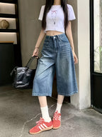 Women's Straight-Leg Jeans, Summer Lightweight Vintage High-Waist Loose-Fit Plus-Size Over-the-Knee Wide-Leg Capri Pants, Trendy - Blue