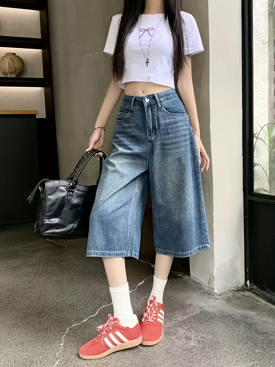Women's Straight-Leg Jeans, Summer Lightweight Vintage High-Waist Loose-Fit Plus-Size Over-the-Knee Wide-Leg Capri Pants, Trendy - Blue
