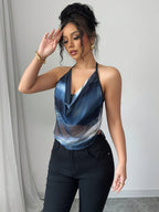 Y2K Women's Double Layer Halter Neck Top - Slim Fit Geometric Print Color-Block Blouse with Stretchy Machine-Washable Fabric for All-Season Versatile Wear, Blouse for New Years Eve, Evening Wear, Contrast Detail Fashion, Stylish Silhouette, Elegant - Mixed colors