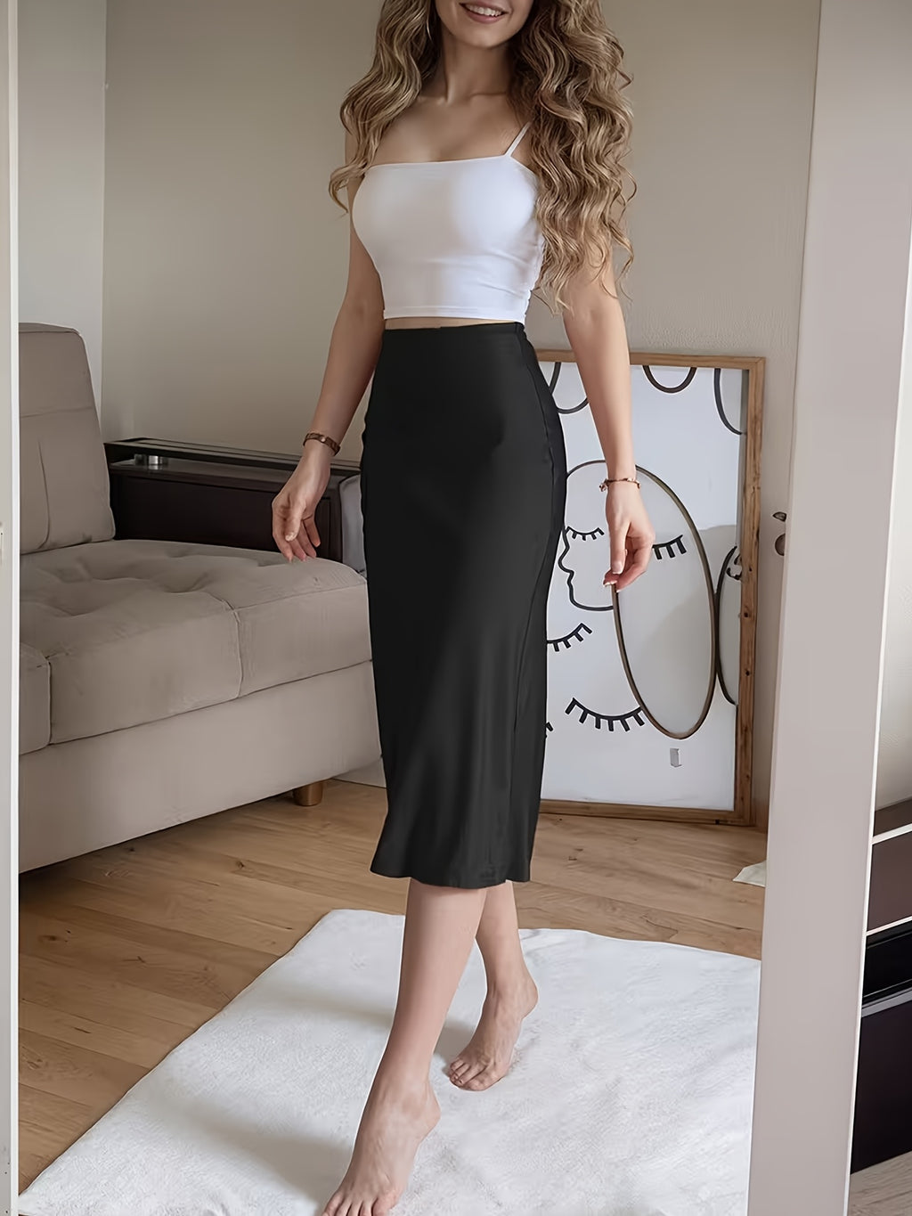 Spring/Summer New Satin Chiffon Multi-Button Women's Skirt - Black