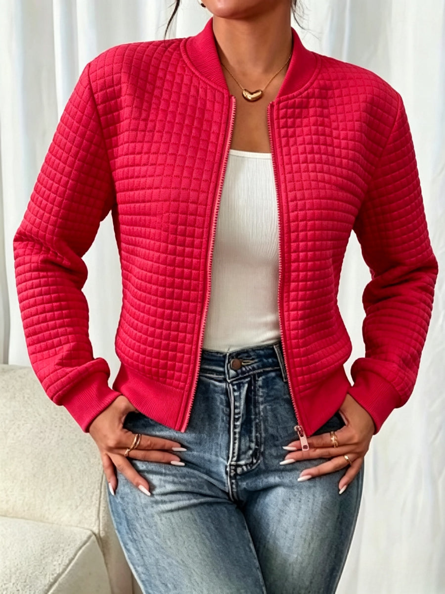 Easy Temperament Checkered Embossed Jacket, Casual All-Match Commute Loose Short Stand-Up Collar Coat Women'S - Red