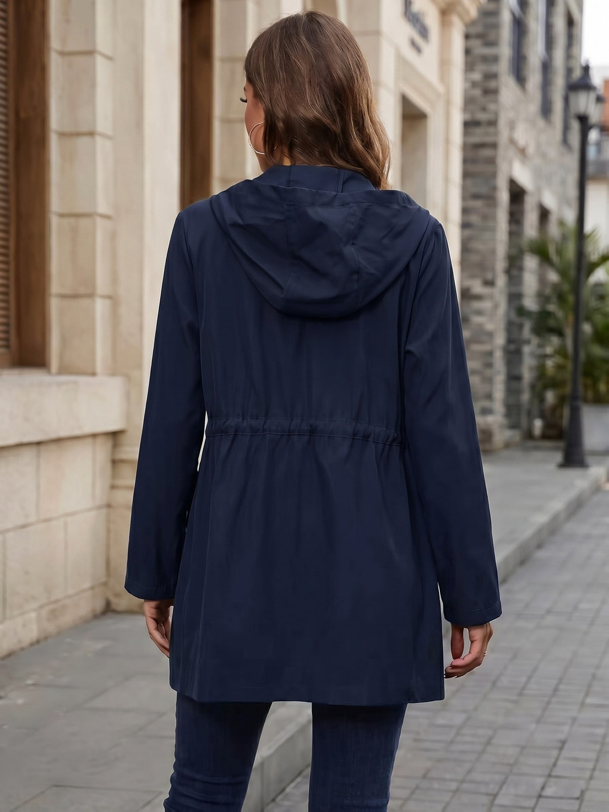 Spring And Autumn Styles. Casual Workwear, Drawstring Waist Belt, Hooded Jacket - Navy Color