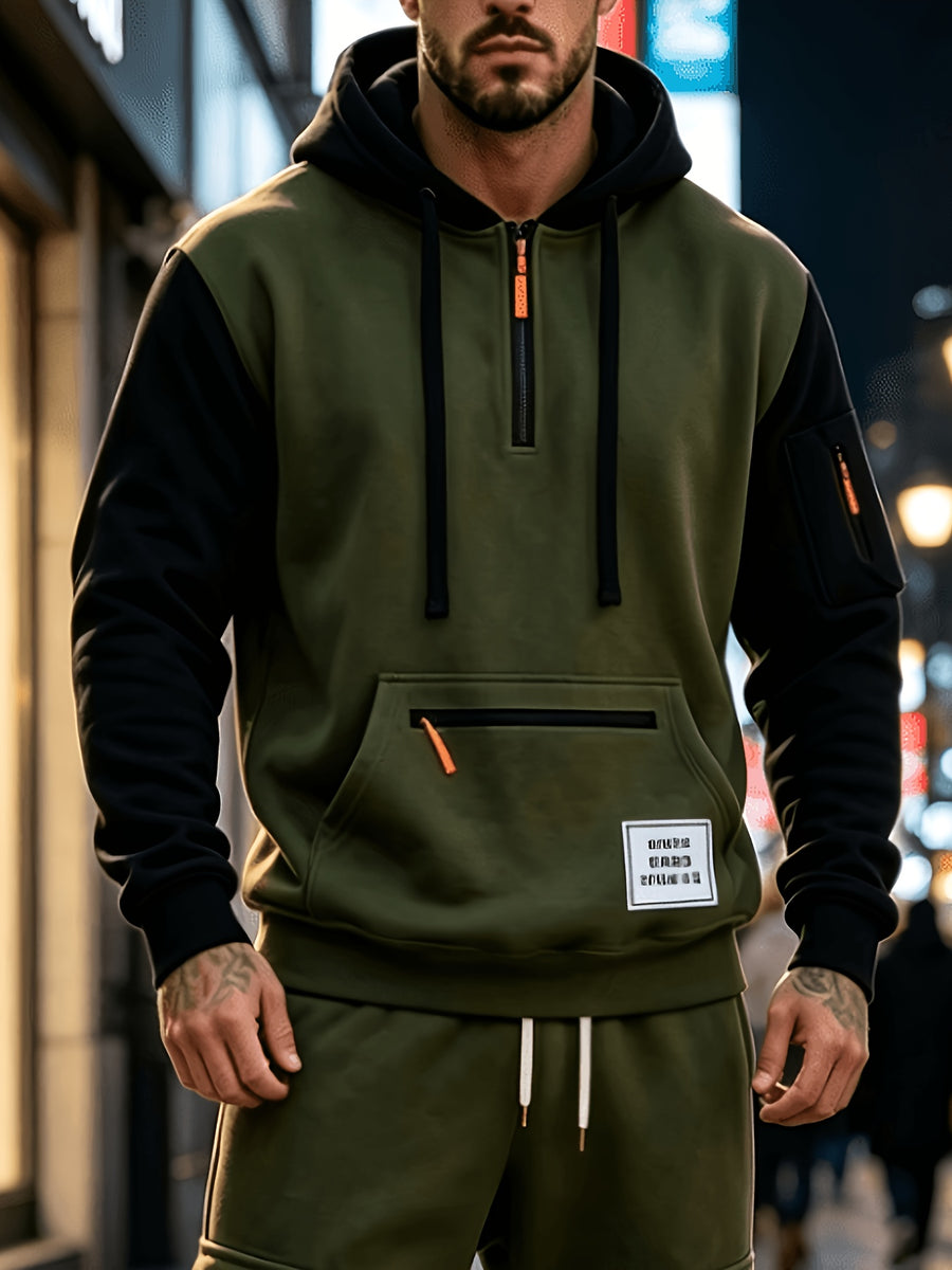 Men'S Fashion Color-Block Pullover Sweatshirt Jacket, Men'S Casual Zipper-Decorated Half-Open Cardigan Sweatshirt Top - Olive Green