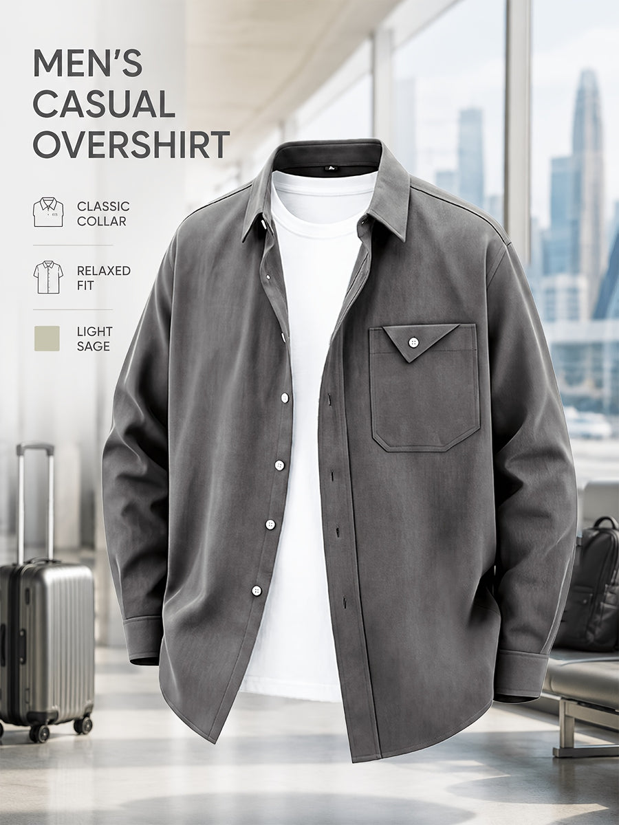 Men'S Spring Autumn Casual Long Sleeve Shirt Jacket, Classic Lapel Neat And Stylish, Triangle Pocket Chest Bag for Storage And Texture Detail, Loose Fit Comfortable Unrestricted, Skin-Friendly Stiff Fabric Supports Layering Inside And Out - Dark Gray