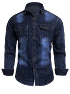 Men'S Vintage-Style Long-Sleeve Denim Shirt for Autumn, Featuring a Classic Single-Button Design And a Washed Look, Perfect for Layering with a Unique Retro Handcrafted End - Navy Color