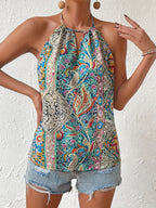 Elegant Paisley Print Keyhole Neck Halter Top - Multicolor
