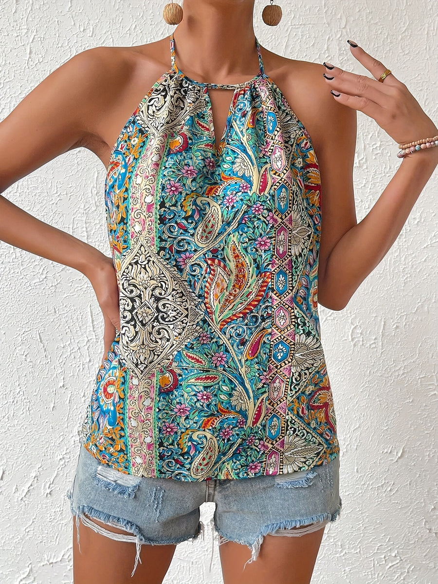 Elegant Paisley Print Keyhole Neck Halter Top - Multicolor