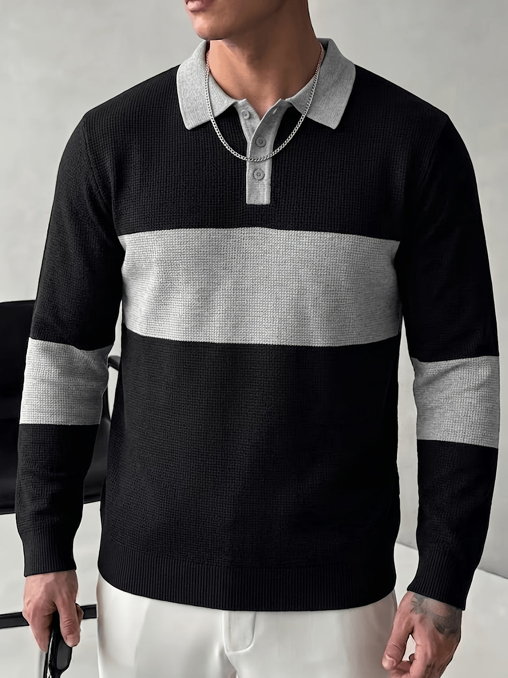 Spring/Autumn Heavy Waffle Black And White Contrast Polo Neck Sweater Men'S Lapel Button Patchwork Long Sleeve Top 3D Cut Loose Drape Slimming Commute Casual Premium Quality Basic Style Men'S Clothing - Black Gray
