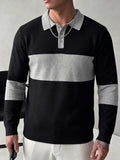 Spring/Autumn Heavy Waffle Black And White Contrast Polo Neck Sweater Men'S Lapel Button Patchwork Long Sleeve Top 3D Cut Loose Drape Slimming Commute Casual Premium Quality Basic Style Men'S Clothing - Black Gray