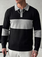 Spring/Autumn Heavy Waffle Black And White Contrast Polo Neck Sweater Men'S Lapel Button Patchwork Long Sleeve Top 3D Cut Loose Drape Slimming Commute Casual Premium Quality Basic Style Men'S Clothing - Black Gray