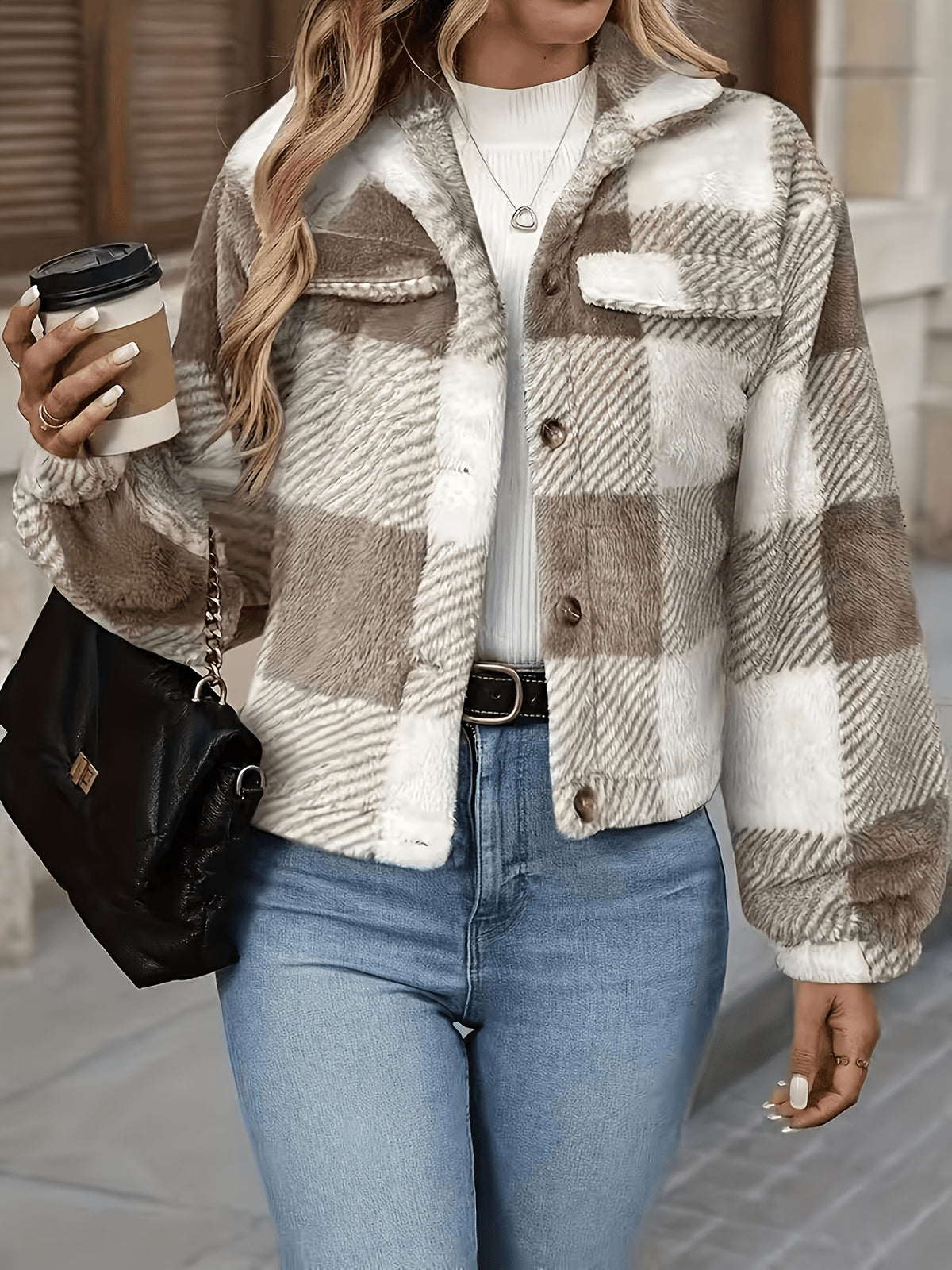 +2025 Autumn/Winter Women's Three-Color Buffalo Plaid Print Short Jacket, Elegant Button-Up Short Faux Coat for Women - Khaki