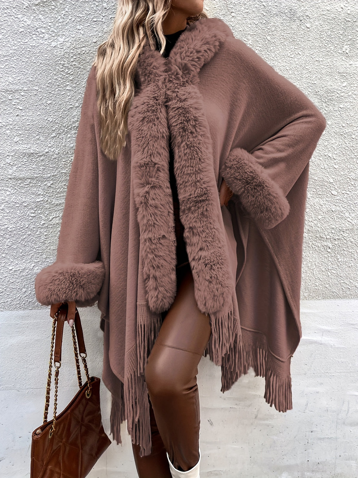 New Luxurious Faux Hooded Cardigan Sweater with Tassel Shawl Cape for Autumn And Winter in Europe And America - Khaki