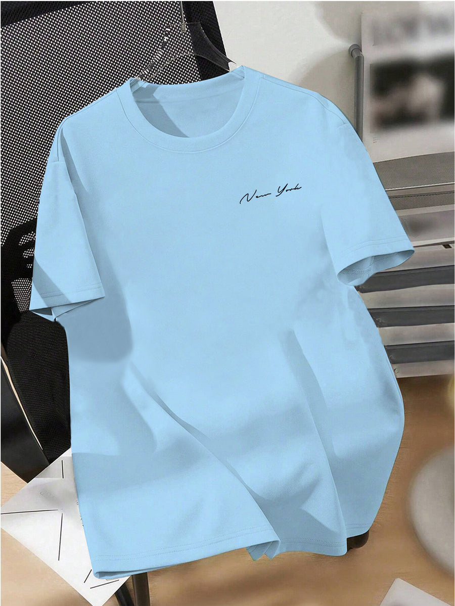 Men' New York Letter Print T-Shirt - Minimalist Round Neck Short Sleeve Tee with, Machine Washable Casual Basic Shirt Suitable for Summer, Office & Casual Attire, Non- Regular Fit for Men - Light Blue