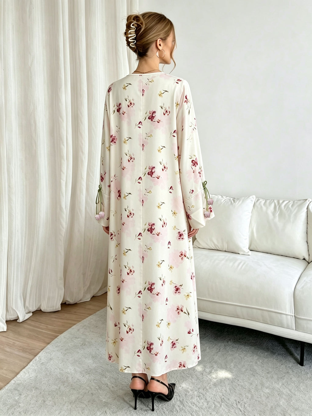 1pc (Headscarf Not Included) Printed Dress, Pink Floral Sweet Elegant Muslim Long Dress, Cuffed Slit Design Modest And Fashionable Robe, Exquisite Islamic Evening Wear, Suitable for Dates And Daily Wear - Pink