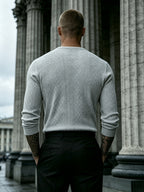 Joshmei OBM Black Friday Men's Dark Gray Geometric Knit Henley Neck Top, Diamond Weave Jacquard Pattern, Refined Casual Style, Autumn/Winter Slim Fit Long Sleeve Pullover, Suitable for Daily Commuting, Streetwear, and Weekend Gatherings - Light Grey