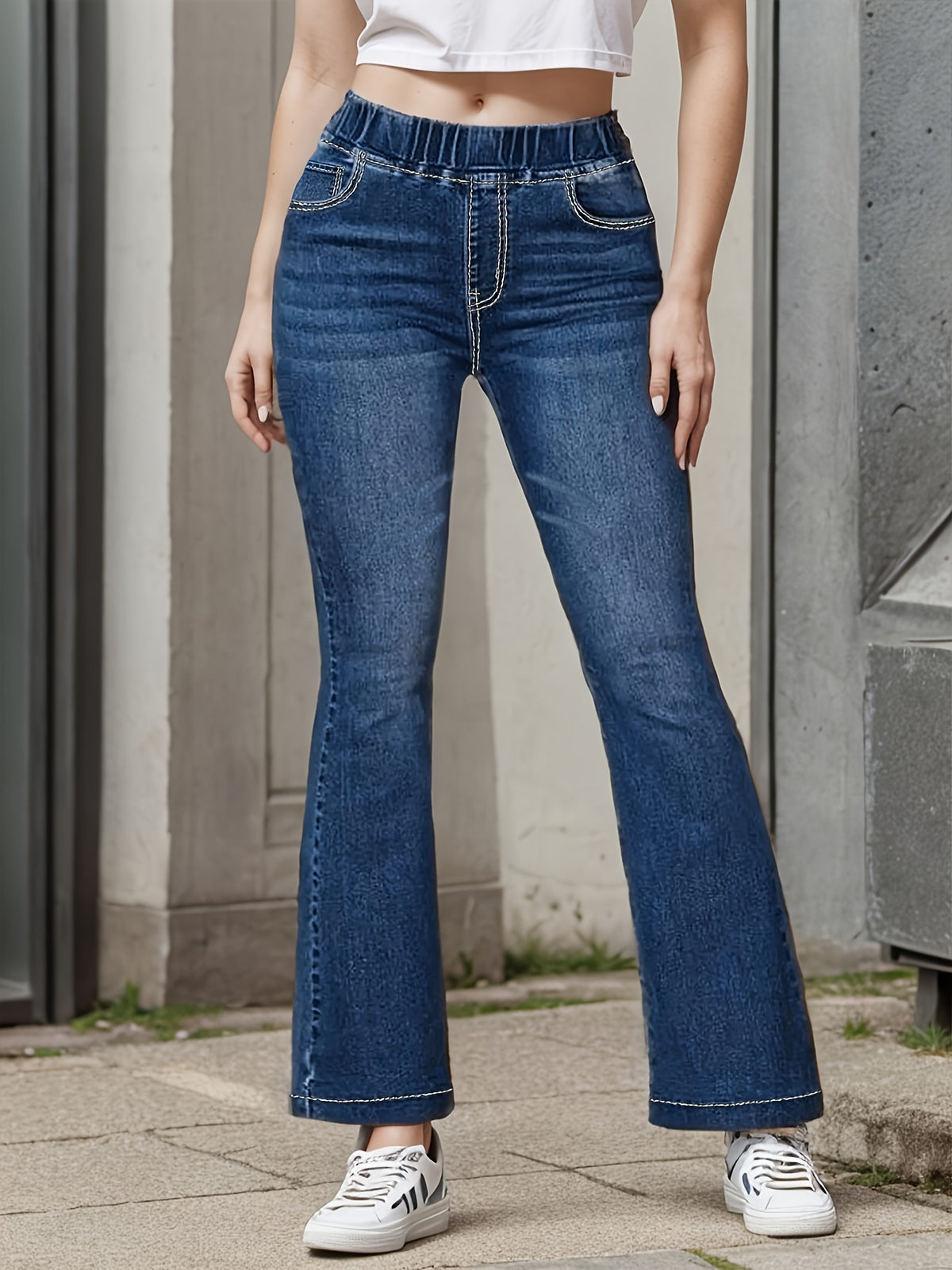 Cross-Border Supply Europe, America And North America Network Red Elastic Casual Jeans Elastic Waist Women'S Flared Pants - Dark Blue
