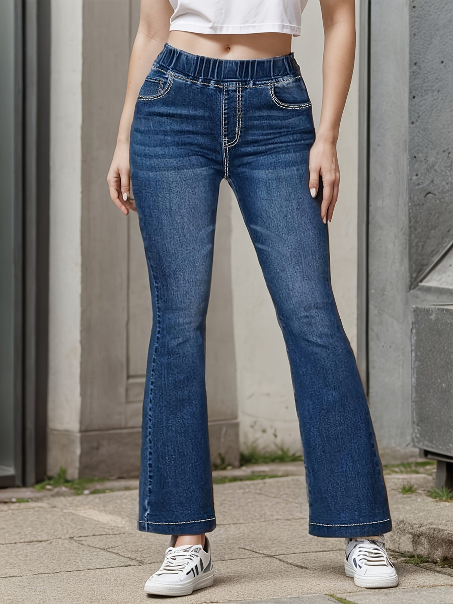 Cross-Border Supply Europe, America And North America Network Red Elastic Casual Jeans Elastic Waist Women'S Flared Pants - Dark Blue