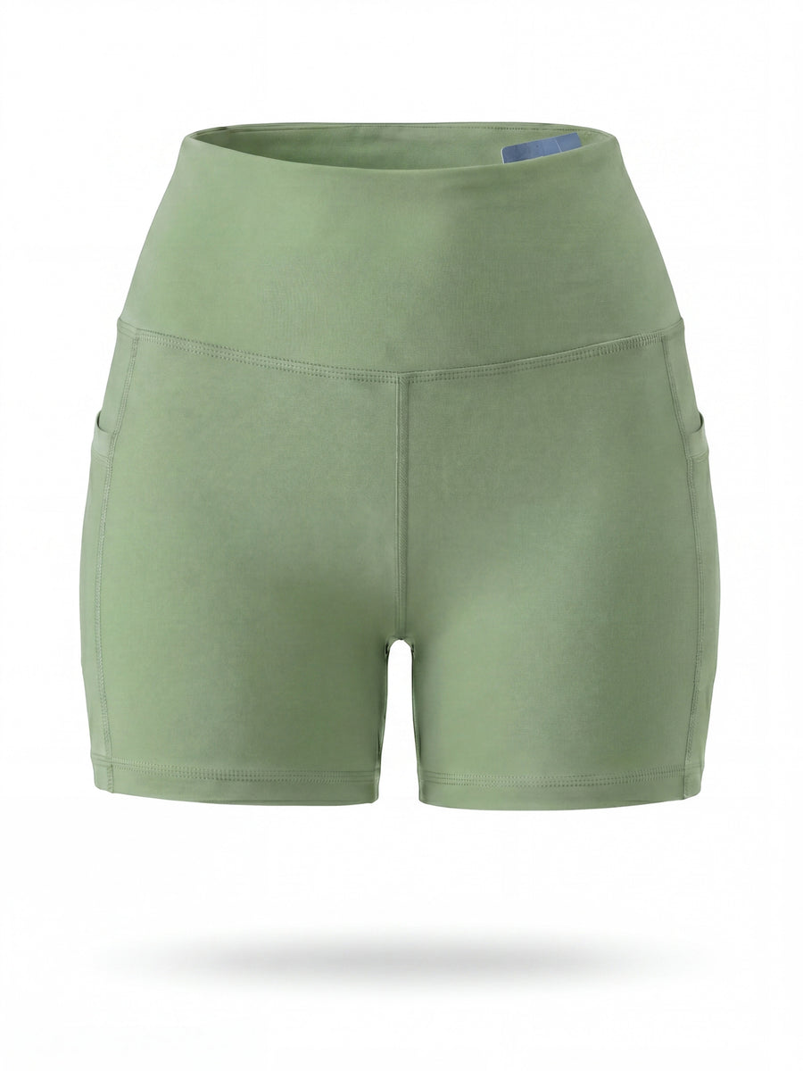 Summer Fashion Women's High-Waist 3-Inch Shorts with Pockets, Moisture-Wicking Summer Style - Anti-See-Through, Tummy Control, Non-Slip Waistband - Light Green