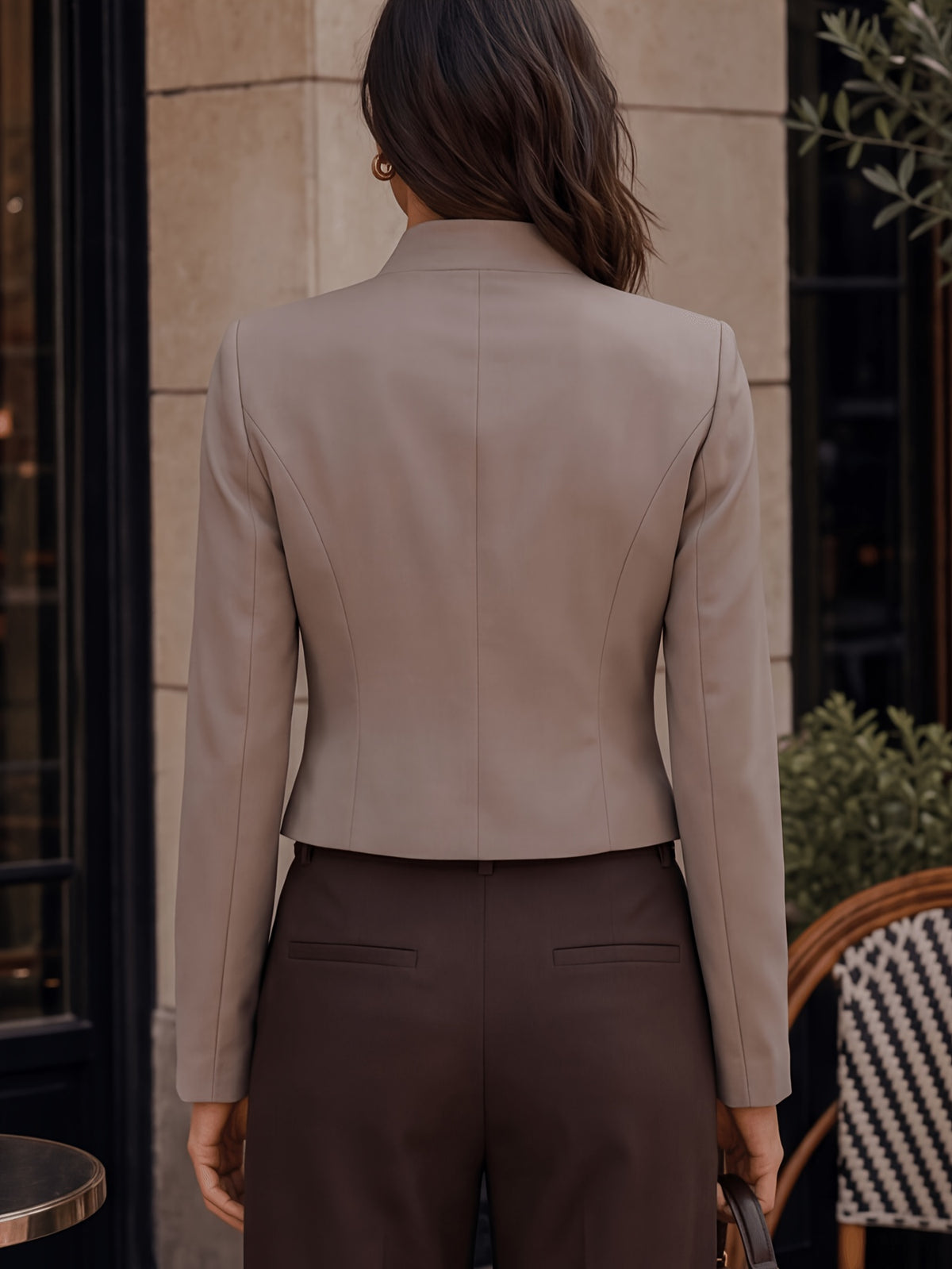 New Style Stand-Up Collar Irregular Slanted Lapel Suit, Solid Color Long Sleeve Cropped Waist-Defined Blazer with Lining - Taupe