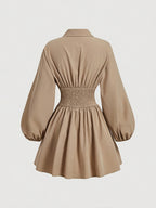 Elegant Long Sleeve Button-Up Dress with Chic Lapel Collar - Polyester, Machine Washable - Perfect for Spring/Fall, Floral, Lady's Dress - Khaki
